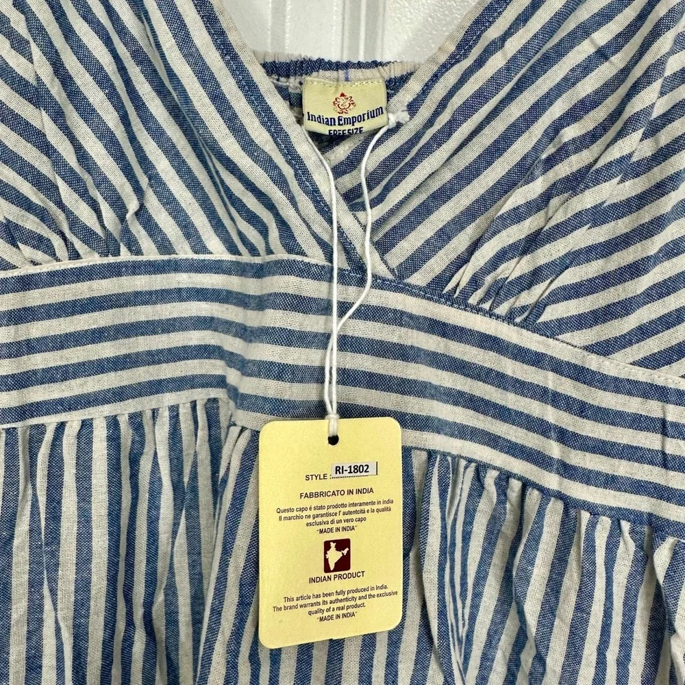 Indian Emporium Blue White Striped V Neck Camisole Dress Sundress‎ Beach